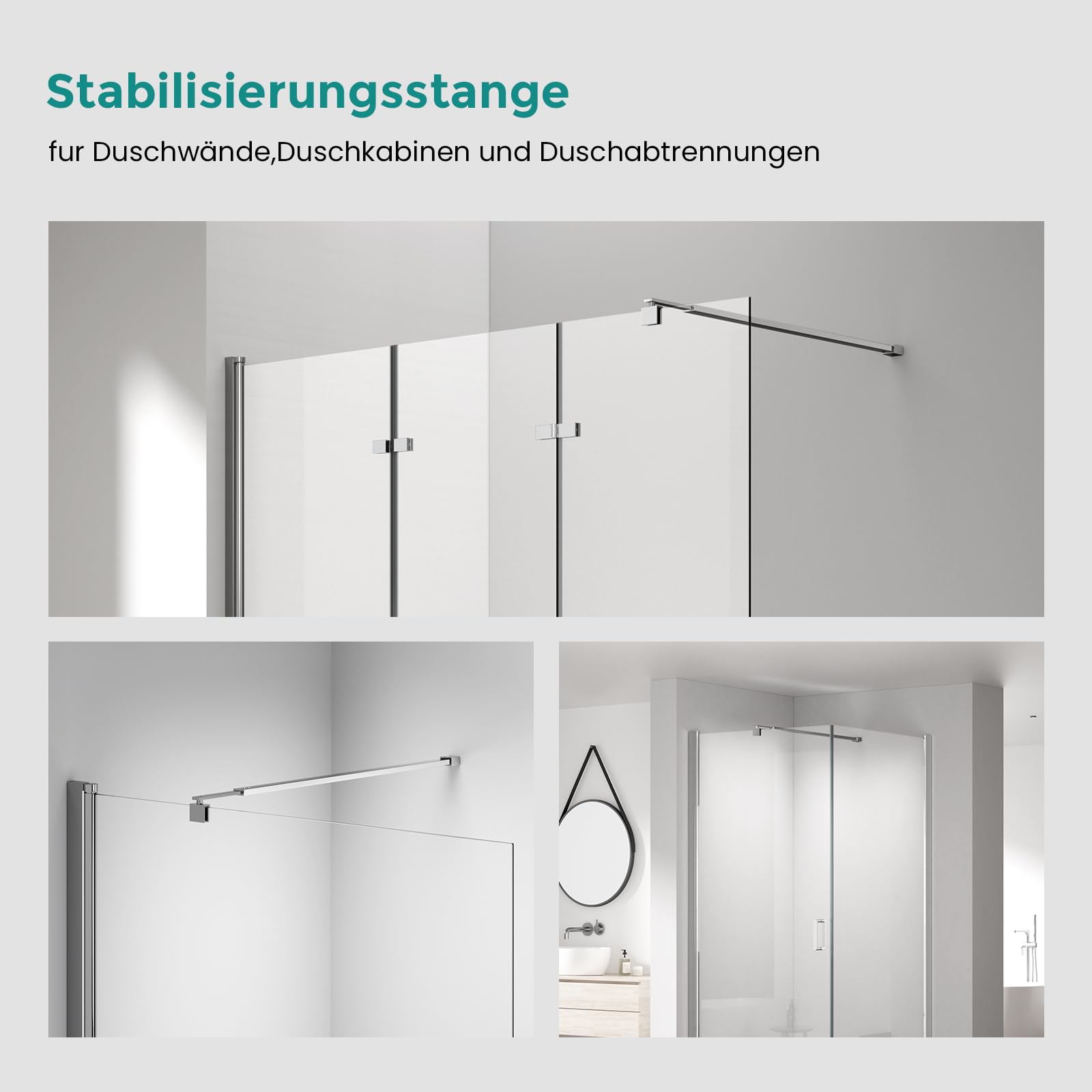 EMKE Stabilisierungsstange Dusche Verstellbar 70-120 cm, 360° Drehbar Duschwand Stabilisator, Haltestange Duschabtrennung für 8-10mm Glasstärke