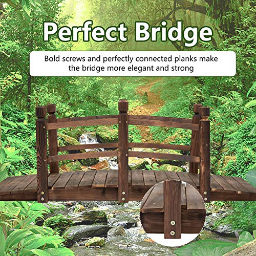 Kinsunny 5 ft Wooden Garden Bridge with Double Railings Stained Finish Footbridge Decorative Pond Bridge Outdoor Lawn Arc Walkway