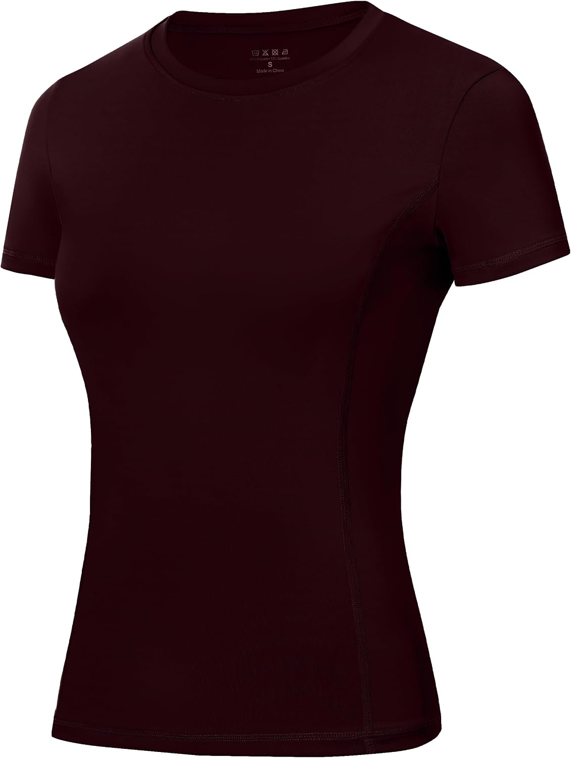 Roadbox Compression Shirt for Women, Slim Fit Short Sleeve Athletic Top, Workout Undershirt for Gym Yoga Wine Red