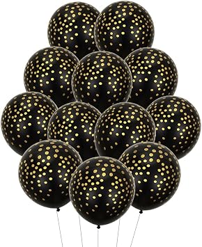50pcs Polka Dot Black Latex Balloons, 12inch Gold Polka Dot Black Balloons for Graduation Birthday Shower Wedding Engagement Theme Party Decorations