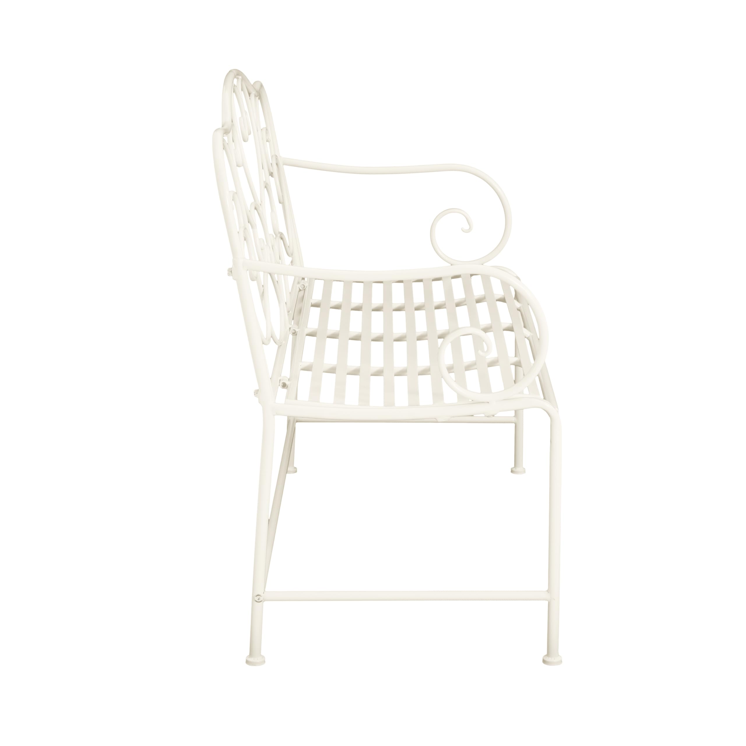 Layon - Banco de jardín de hierro para patio, sofá biplaza para 2 personas, banco de porche/parque con respaldo de diseño floral, asiento de listones, blanco mate 8