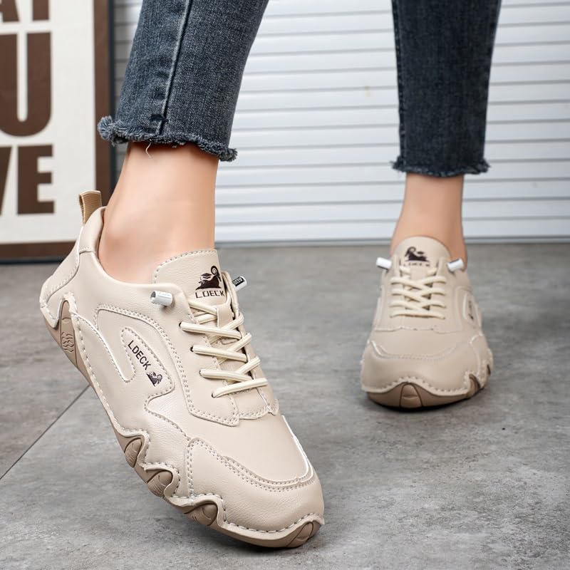 Women's Italian Handmade Leather Sneakers, Outdoor Soft Soled Non Slip Waterproof Casual Lightweight Breathable Walking Beck Shoes for Hiking Trailing Camping & Driving (Color : Beige, Size : US 6)4
