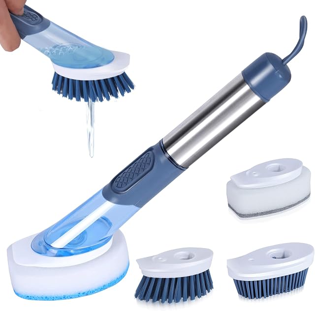 Soap Dispensing Dish Brush Set, Kitchen Scrub Brush with Soap Dispenser, Washing up Brush with 4 Scrubbing Head Replacements, Dish Cleaning Brushes for Pot Pan Sink