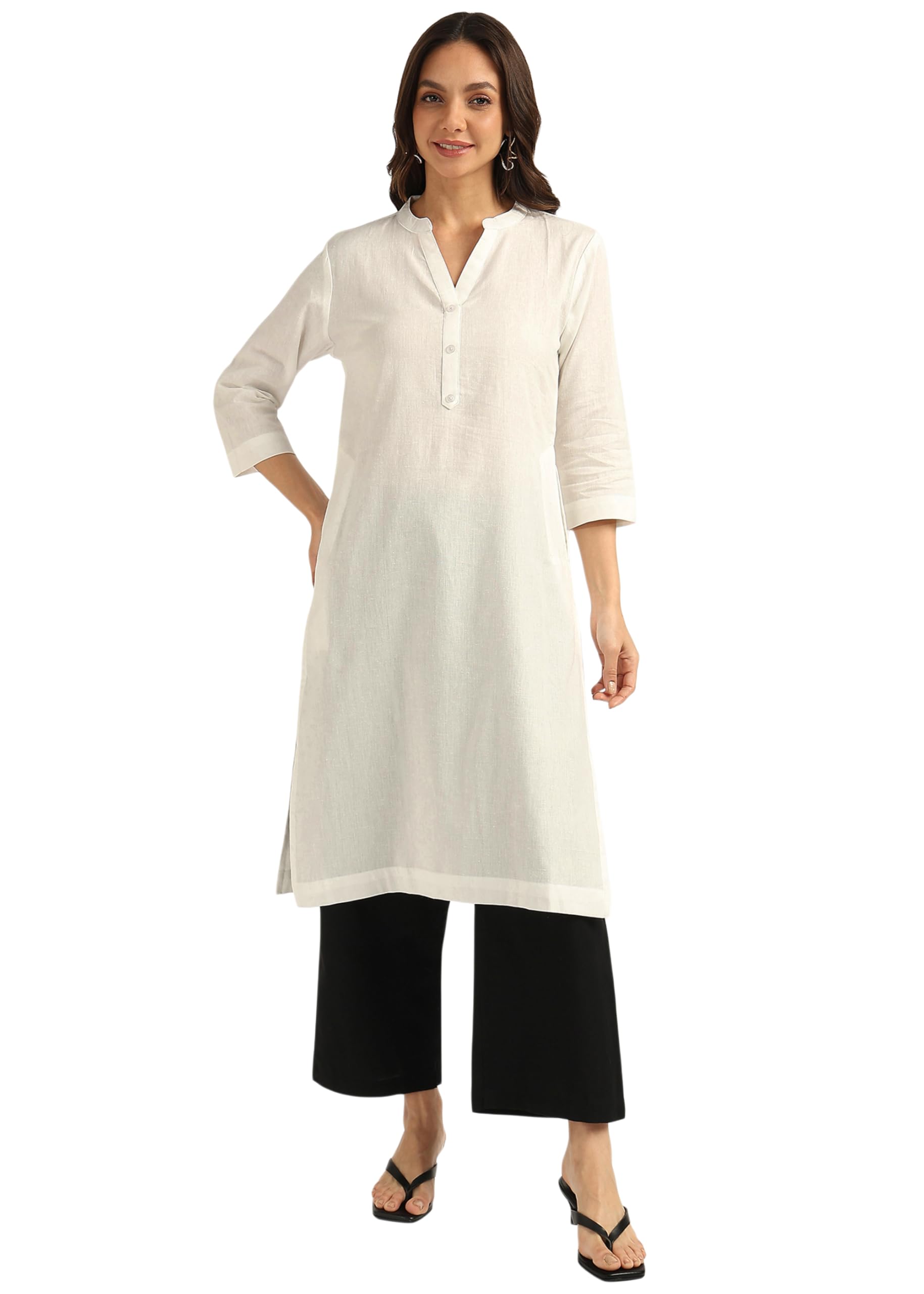 BLOCKS OF INDIA Long Cotton Kurta Womens Plain Straight Kurta, 3/4 Sleeve, Knee Length with 2 Pockets