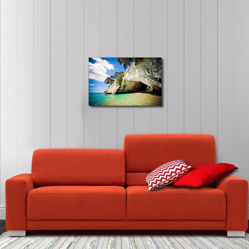 Canvas Wall Art Cathedral Cove Coromandel Peninsula in New Zealand Scenery Painting Prints Stretched and Framed Ready to Hang for Home Decorations Office Wall Decor 12x18inch - Image 3
