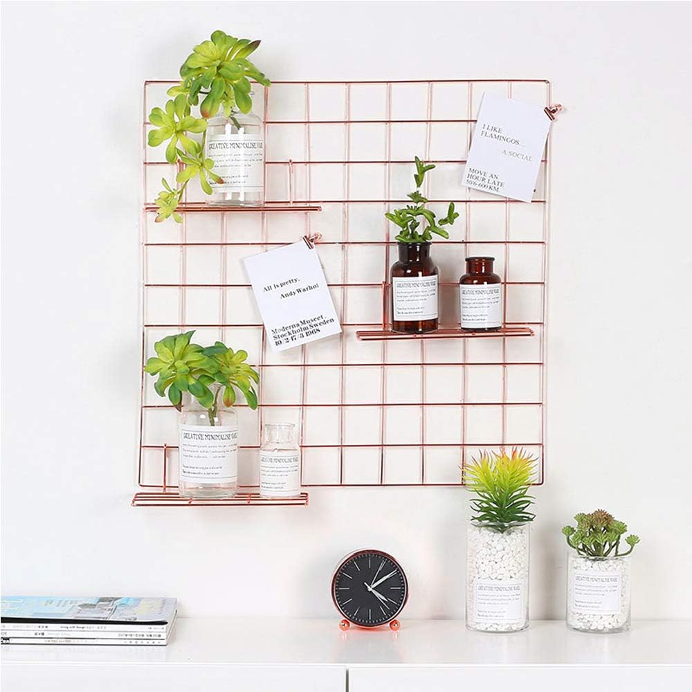 Mesh Gridwall Flat Shelf, Multi-purpose Metal Wire Organizer & Storage Accessory, Terrace & Balcony Plant Holder, Flower Pots Display Shelf/Decor, Wall Mountable (Rose Gold, Flat 25x10x8cm)