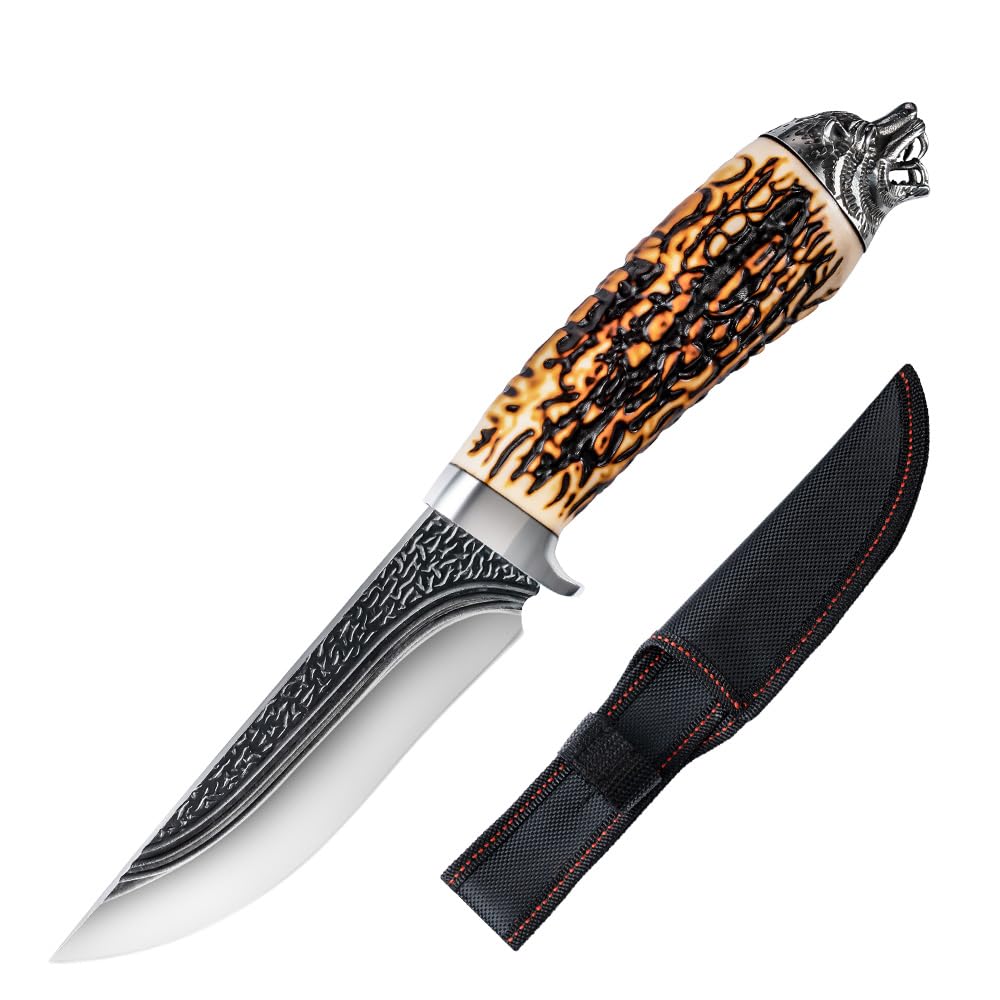 XXOK outdoor handle small straight knife10-inch Bowie Knife forging 4CR high hardness 4.72 inch blade deer horn handle suitable for hunting camping and survival