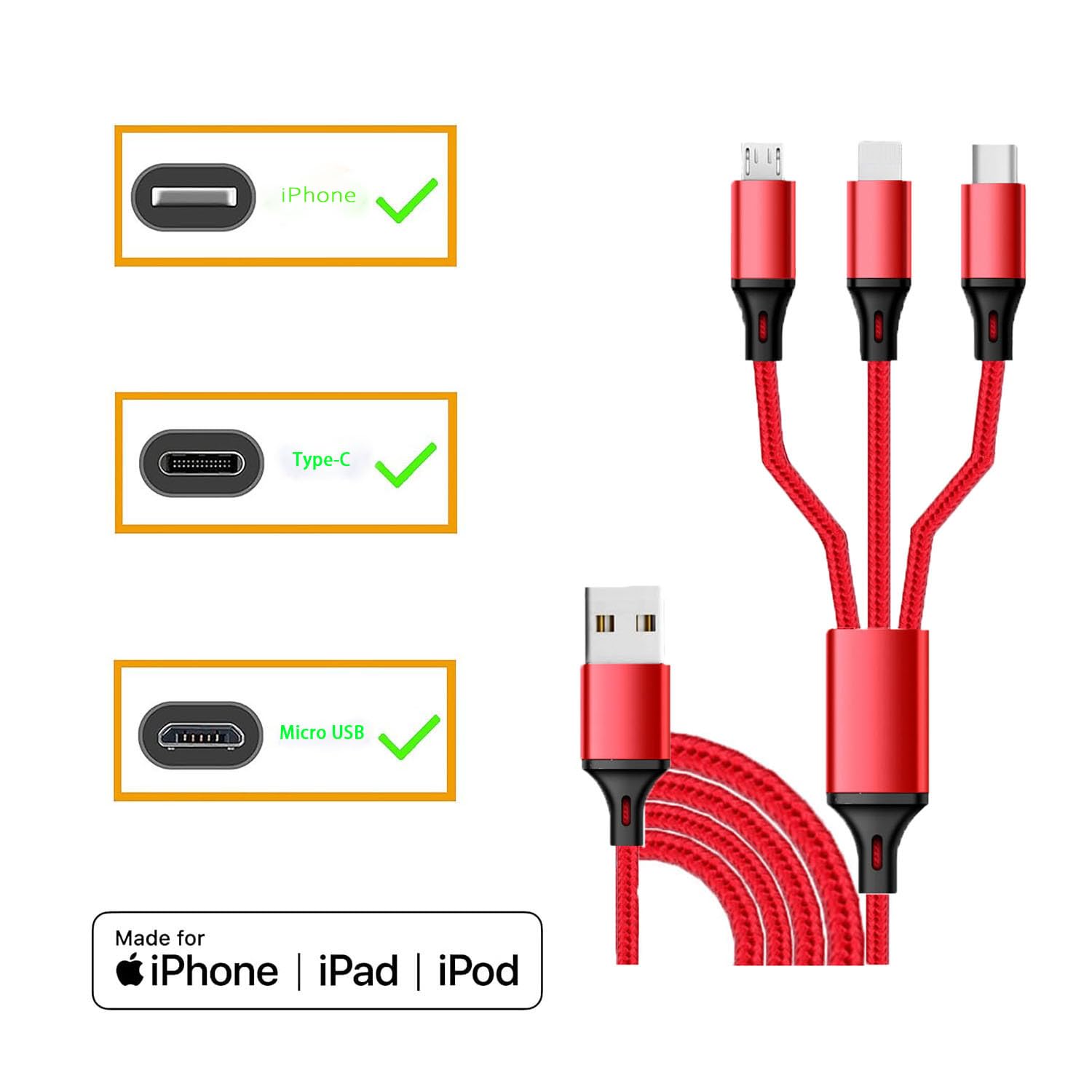 Multi Charging Cable, 3 in 1 USB Cable, Micro USB C Charging Cord for iPhone 16/15/14/13, iPad, iPod, Smartphone, Tablet, AirPod, Apple Watch, Kindle, Mouse, Speaker, Headphone (Red) - Image 3