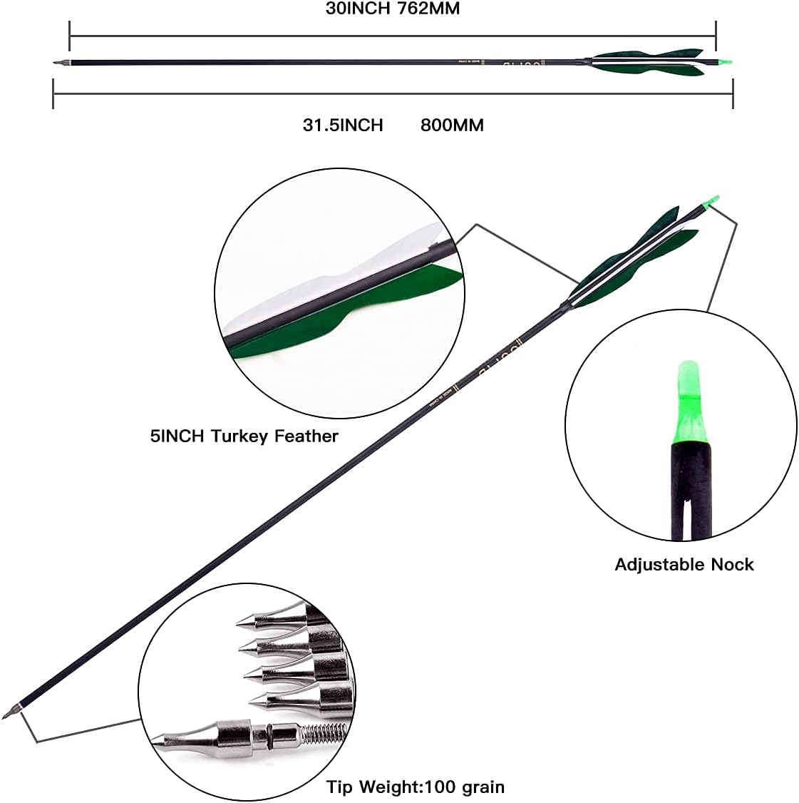 LWANO 30Inch Carbon Arrow Archery Hunting/Targeting Practice Arrows with 5" Turkey Feathers for Compound Recurve Longbow 12Pack : Sports & Outdoors