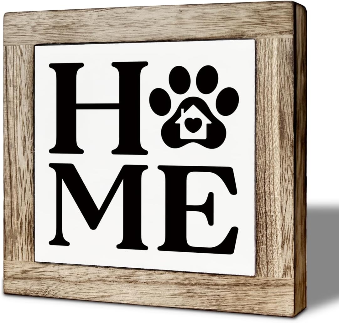 Funny Pet Wooden Box Sign, Home Paw Print Design, Pet Lover Gift, Cute Dog Decor for Tabletop, Home Desk Wooden Sign for Living Room Bedroom Office Decor 5.9x5.9 Inches