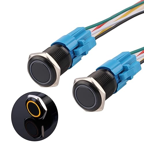 Vista 13 de Interruptor de botón momentáneo de 0.748 in, impermeable, 12V-24V, 1NO 1NC, anillo de interruptor de botón de aleación de aluminio negro LED