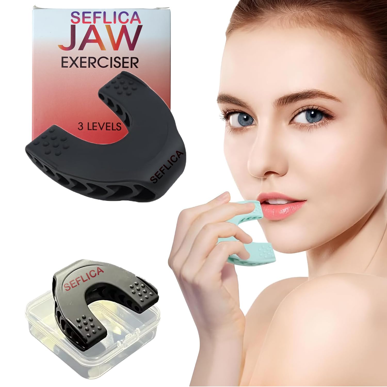 SEFLICA Premium Facial Exerciser - Jawline Exerciser for Men and Women – Tighten, Tone & Strengthen, Target your jawline, chin, lips and cheekbones - Food-grade Silicone (Black, U Shape)