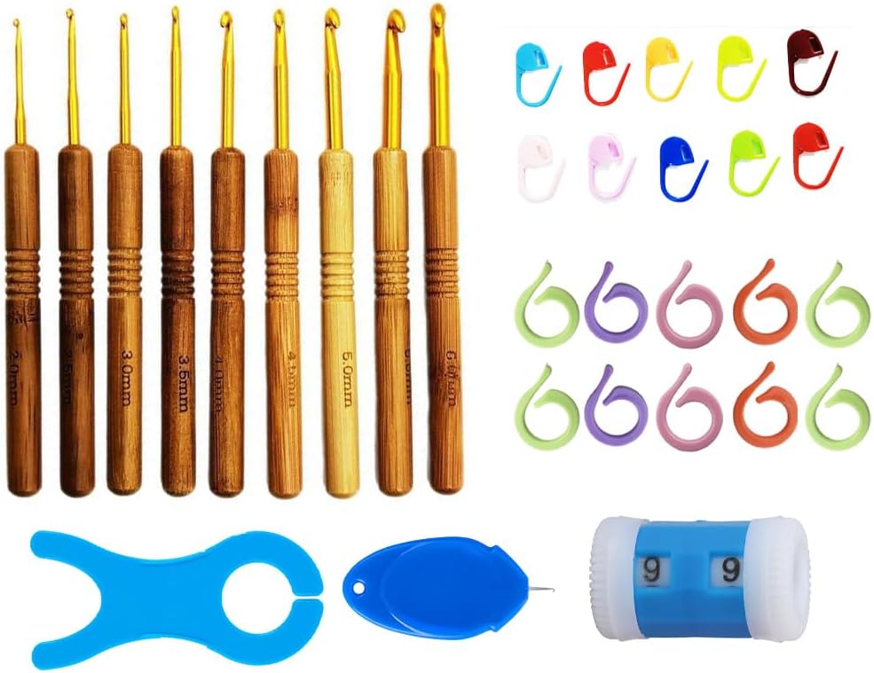 Gold Head carbonized Bamboo Handle Crochet Tool, Environmentally Friendly Sweater Crochet DIY by Hand, Single Head Aluminum Crochet Hook