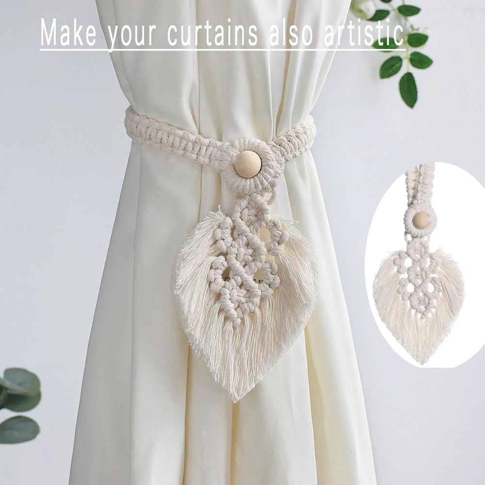 Boho Farmhouse Curtain Tiebacks，Handmade Cotton Rope with Wooden Beads for Home Decor and Window Drapery Holdback 2Pack