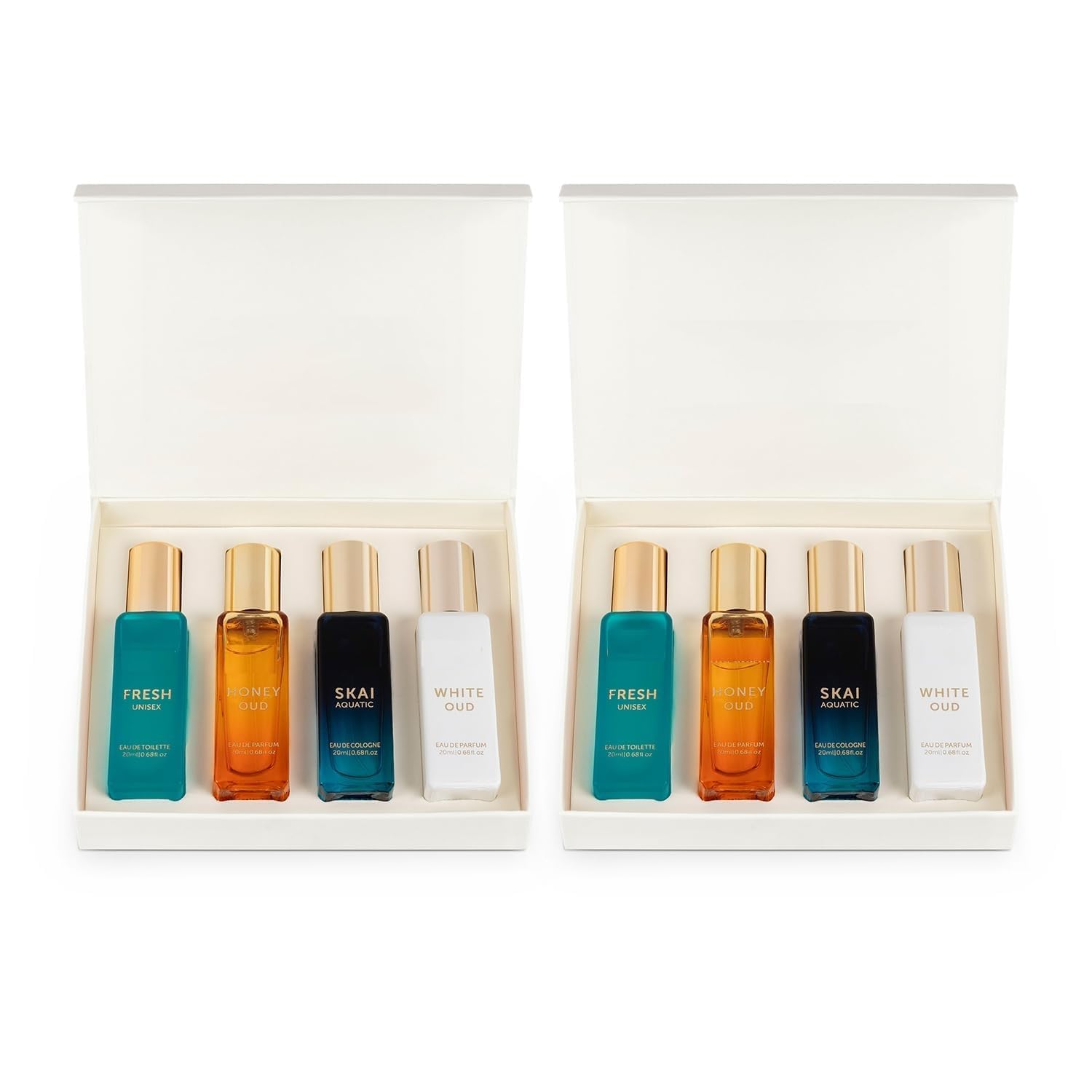 Luksusowy zestaw upominkowy perfum dla kobiet i mężczyzn | 4x20ml (opakowanie 2) | Perfumy dla mężczyzn i kobiet | Woody, Aquatic & Sweet Premium Fragrance | SKAI, FRESH, WHITEOUD, HONEY OUD