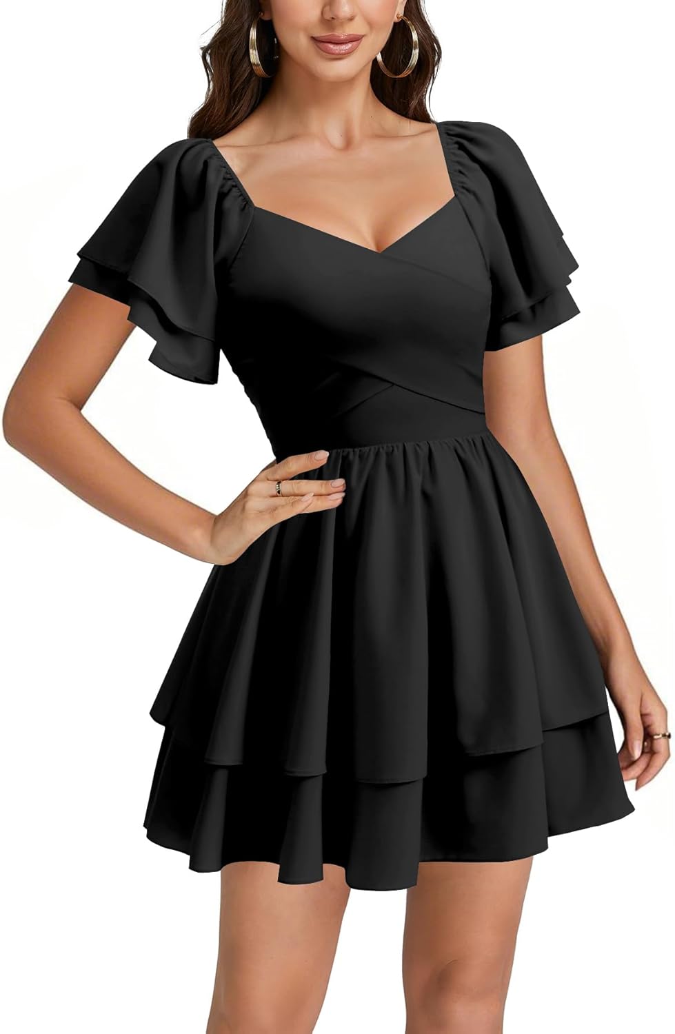 Rooscier Women's Tie Back Wrap V Neck Layered Ruffle Hem A Line Short Sleeve Mini Dress