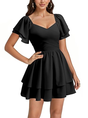 Rooscier Women's Tie Back Wrap V Neck Layered Ruffle Hem A Line Short Sleeve Mini Dress - Large - Black
