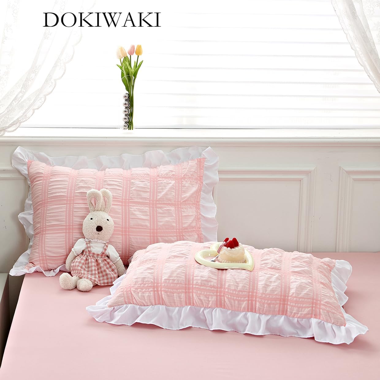 Pink Ruffle Duvet Cover Queen Seersucker Microfiber Vibrant Comforter Cover and Pillow Cases Spring Bedding 3pcs Set for Qulit Blanket Girls Kids Bedroom Lightweight