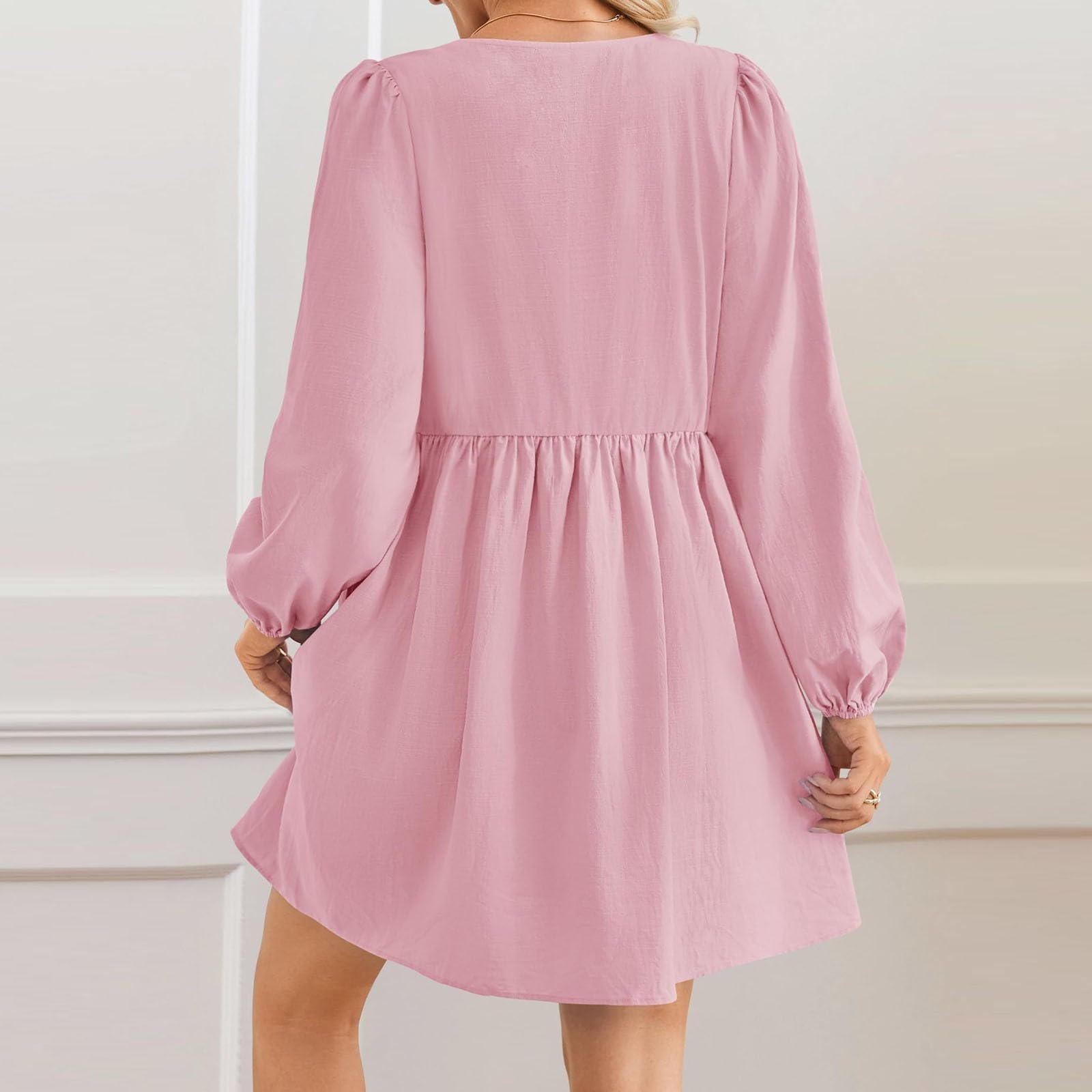 Robe Mini péplum à Manches Longues Bouffantes et nœud Papillon sur Le Devant pour Femme, Robes d'automne,Robe Courte à Volants en Ligne A, Robe Tunique Fluide Mignonne (Pink,L)