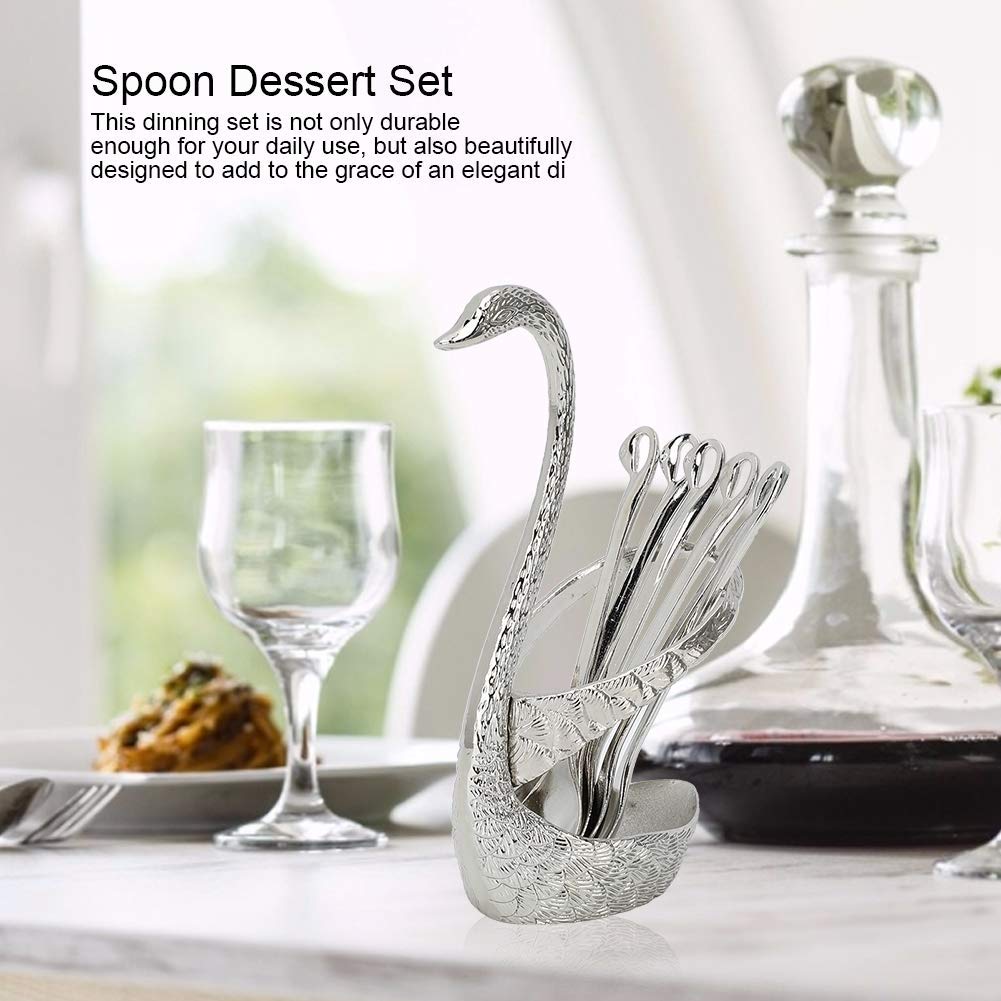 Cubiertos de Postre de Fruta de Cuchara de café de Acero Inoxidable con Soporte de Cisne 6 cucharas para Regalo de Boda y Juego de Cubiertos de decoración-Silver