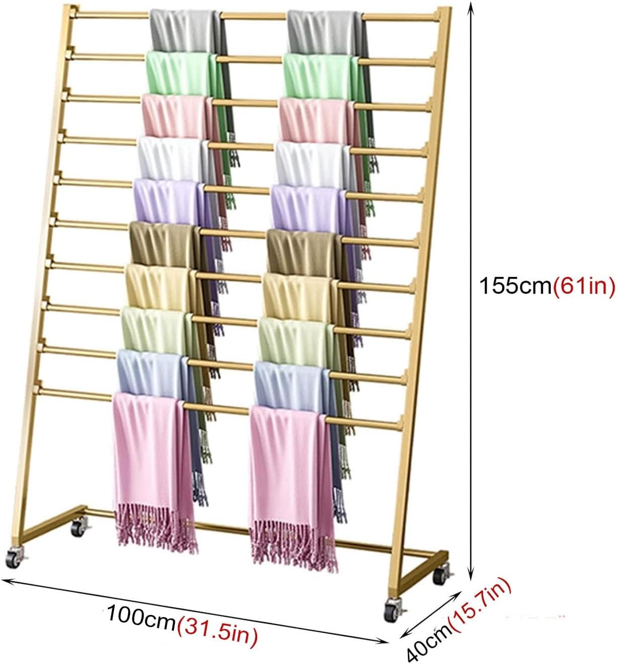 Metal Scarf Display Rack With Wheels, 10-Layer Floor Standing Shawl Shelf, Modern Commercial Clothing Retail Store Silk Scarf Shawl Blanket Accessory Organizer Rack, 3 Colors ( Color : Gold , Size : 1