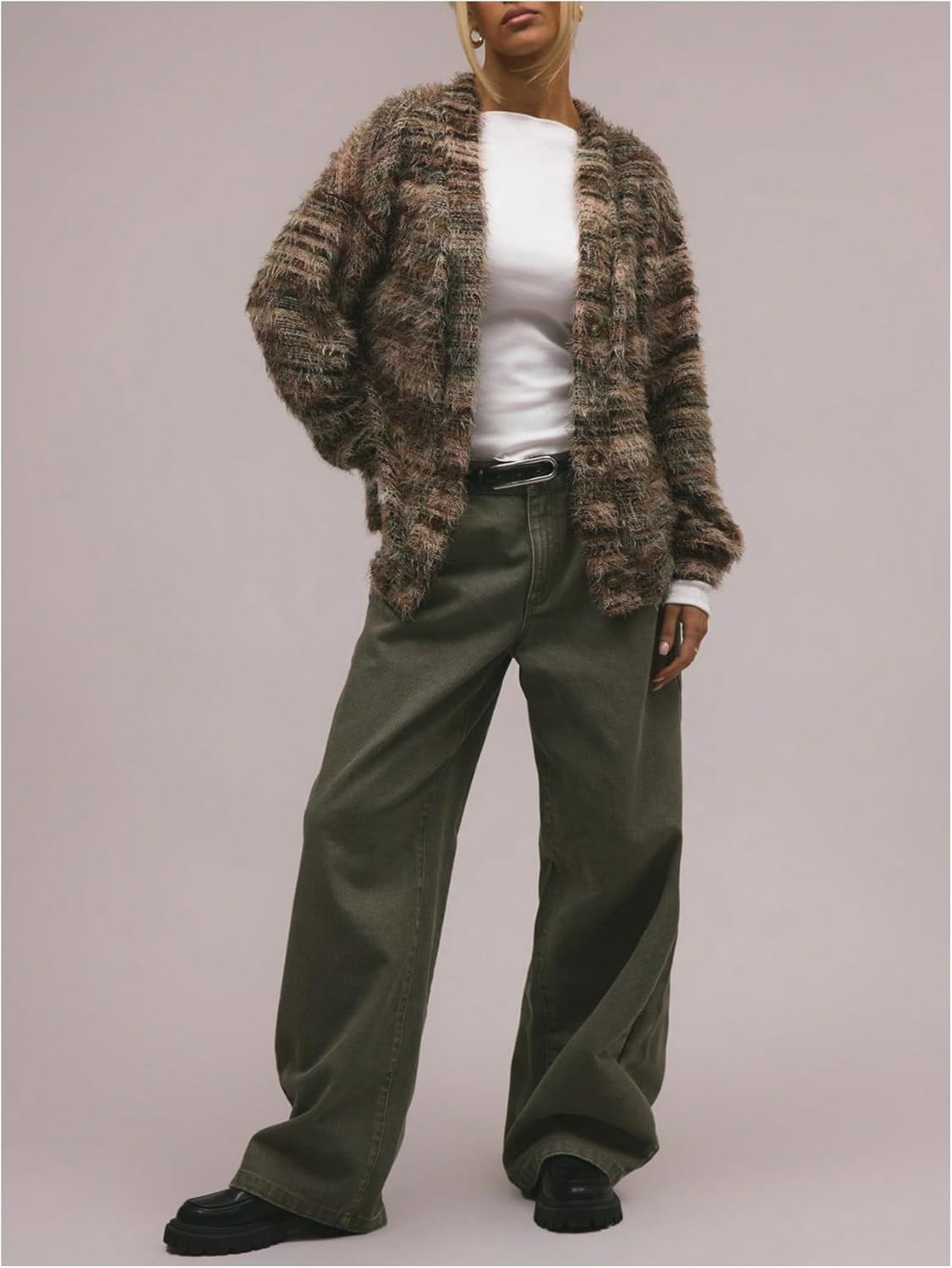 Women's Striped Cardigan Sweater Y2k Fuzzy Cardigans Button Up V Neck Fuzzy Knit Sweater Fall Outfit - Image 4