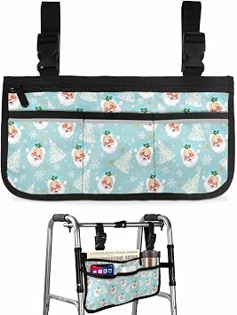 Aqua Blue Santa Christmas Wheelchair Side Bag Walker Bag, Xmas Tree Winter Snowflake Wheelchair Accessories Armrest Pouch, Organizer Storage Bag for Walkers, Rollators, Scooters, 7.3x13