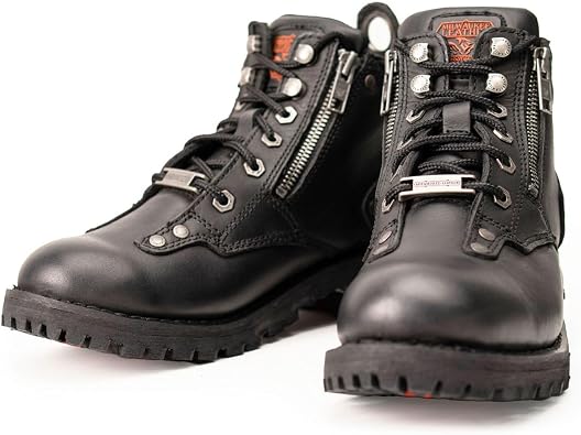 Milwaukee Leather MBL9335 Womens Premium Black Leather Low Cut Lace-Up Motorcycle Riding Boots w/Zipper Closure
