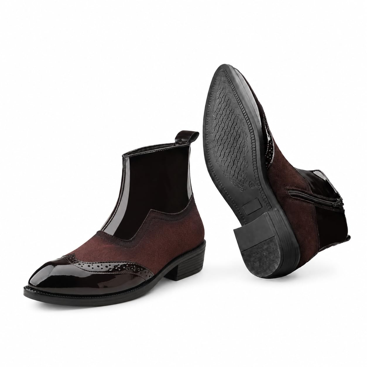 Men's Wingtip Slip On Ankle Boots & Glossy Zip-Up Dress Shoes with Patent-Suede Material and Anti-Slip TPR Sole for Casual-Outdoor Wear.-image-34