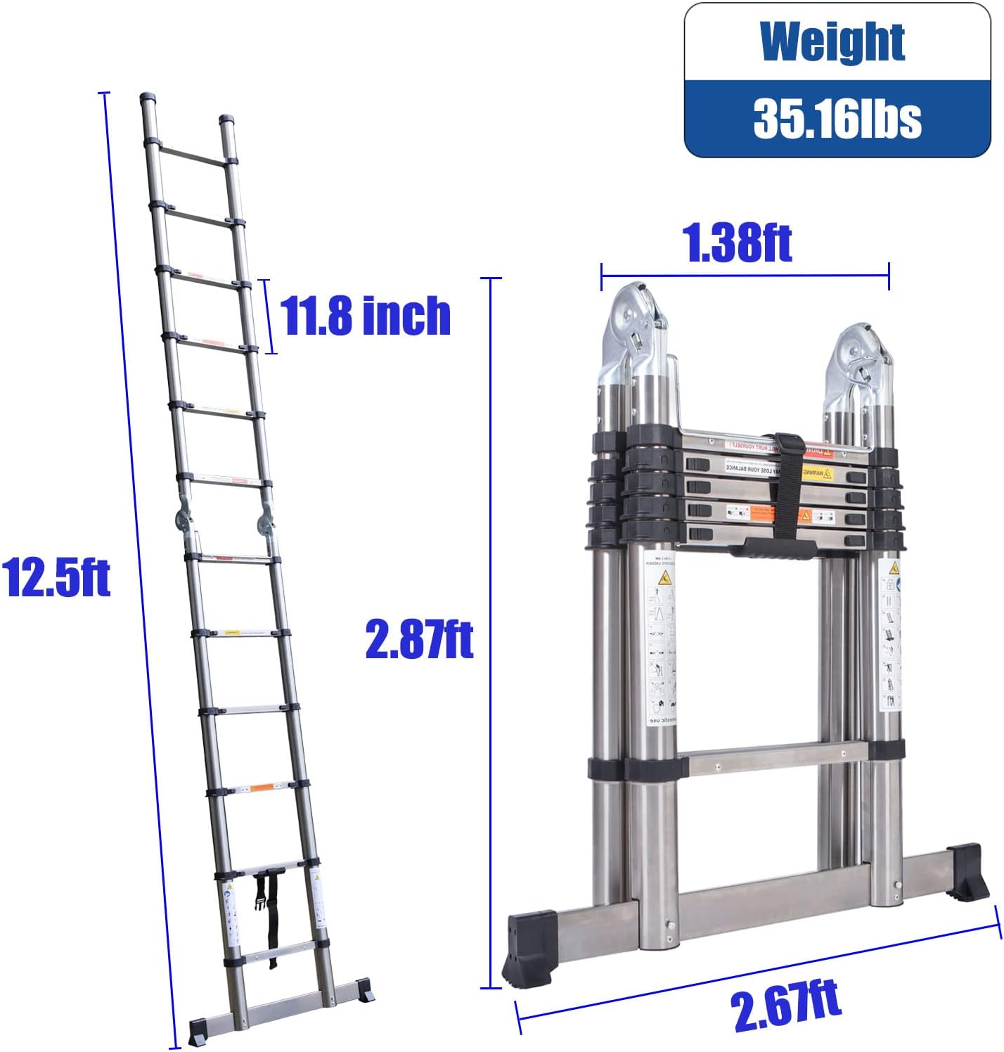 Telescoping Ladder A-Frame Extension Ladder 12.5ft (6.2ft + 6.2ft), Portable Heavy Duty Stainless Steel Folding Ladder 330lbs Load Capacity with Stabilizer, EN131 Certificated, for Home Indoor Outdoor