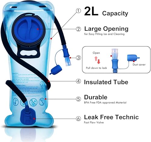 Miniatura 6 de Paquete de hidratación, mochila de hidratación aislada con bolsa de agua sin BPA de 2 litros y almacenamiento, mochila de senderismo para hombres,