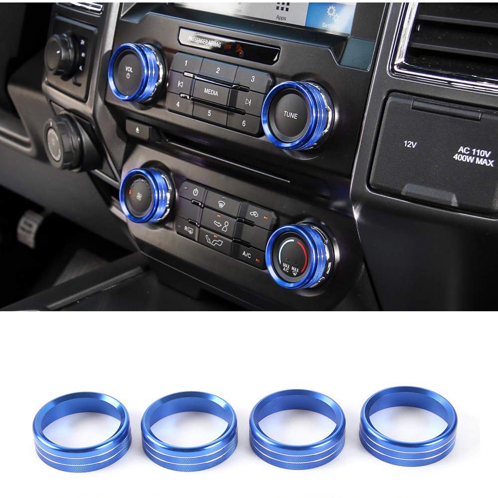 Unifizz 4pcs Car Blue Aluminum Air Conditioner Switch AC VOL Knob Ring Button Trim for F150 for Ford F150 XLT 2015-2019