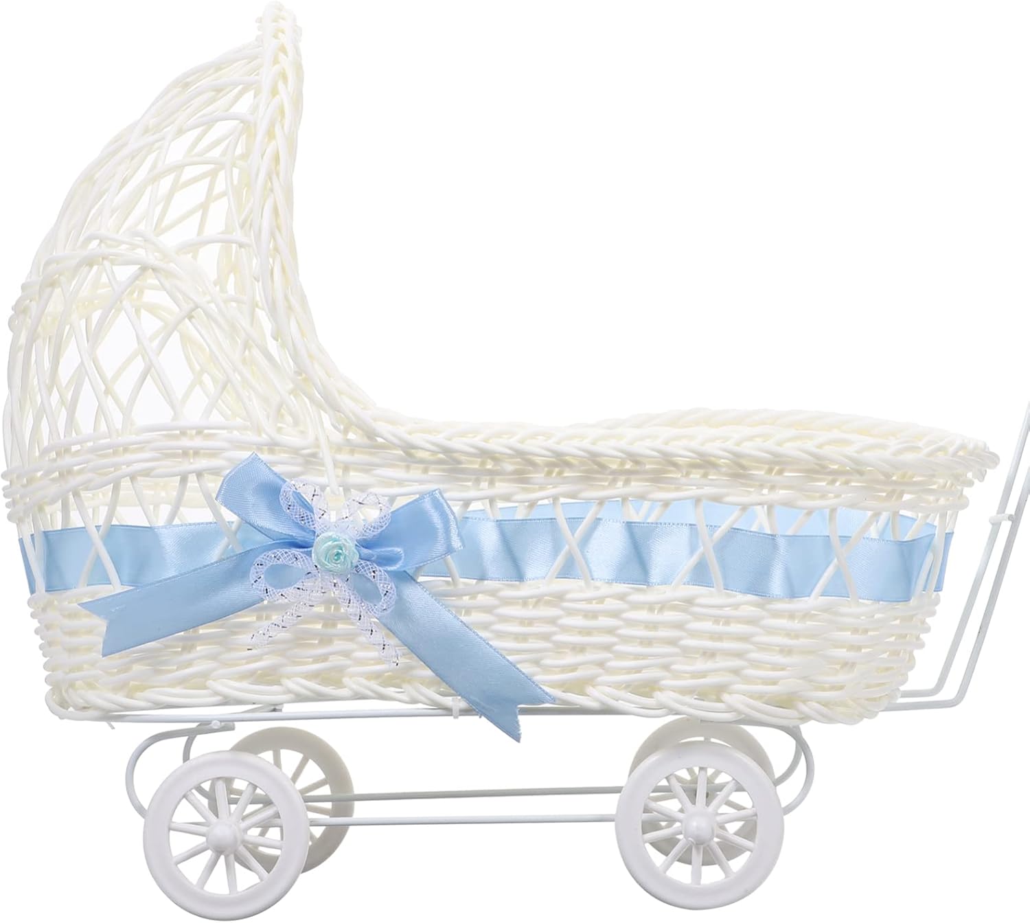 Kisangel Imitation Rattan Baby Carriage Flower Basket 14.6X11.4X6.7 Inch Vintage Style Wicker Stroller Centerpiece for Baby Shower Party Decor
