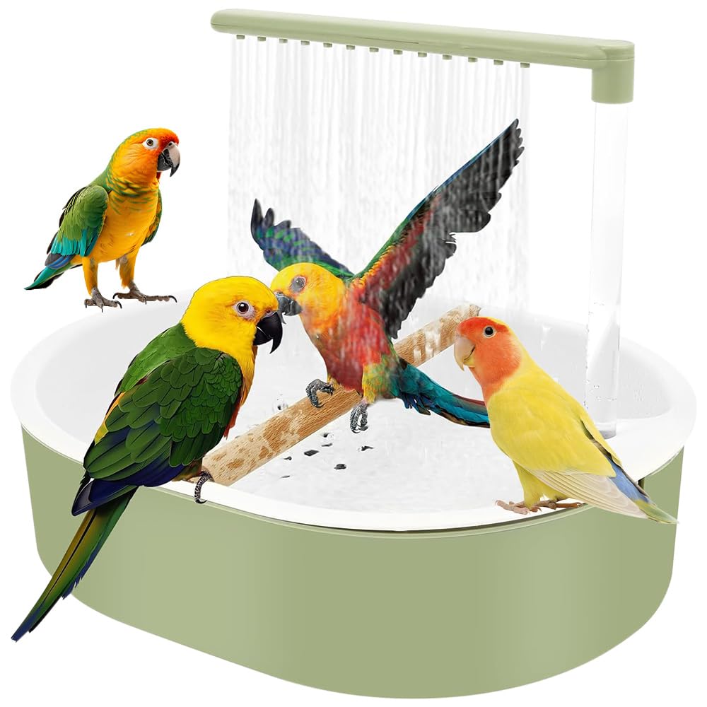 BIZOI Bird Bath Tub, Automatic Parrot Bathtub with Circulating Faucet, USB Electric Pet Water Cycle Bath Tub, Indoor Outdoor Hanging Wall Mounted Pet Bathtub for Parakeet Cockatiel Parrot (Green)