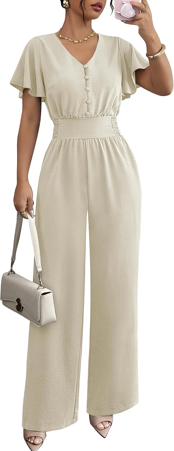 LOOKBOHO Jumpsuits for Women Ruffle Short Sleeve Button V Neck Dressy Wide Leg Romper 2026 Summer One Piece Outfits
