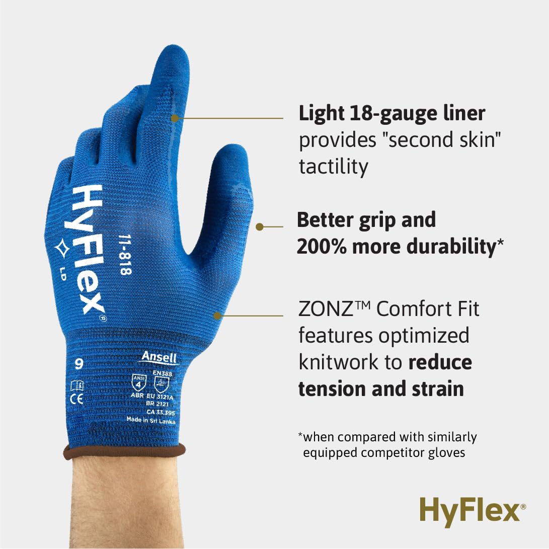 Ansell HyFlex 11-818 Ultralight Mechanical Protection Abrasion-Resistant Gloves, X-Small, Blue (1 Pair)