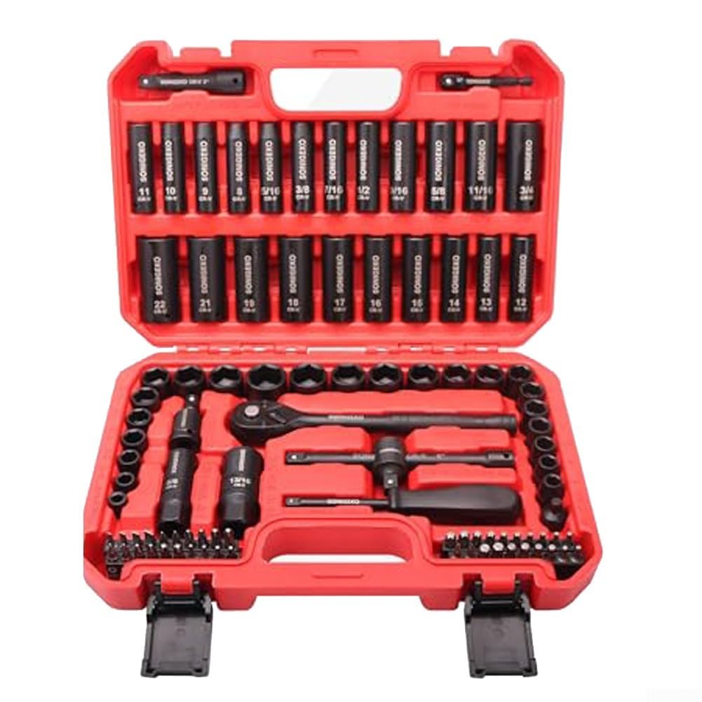 Lot de 95 douilles 3/8" en acier CR-V avec poignée à cliquet, tailles métriques et SAE, douilles profondes à 6 pans pour réparation automobile et générale