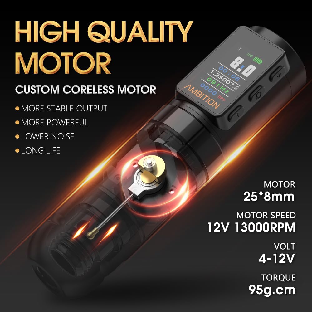 Ambition Soldier Max Tattoo Machine Rotary Tattoo Gun with 2400mAh Battery Billing Function Frequency Mode Stabilizing System Supply for Professional Tattoo Artists
