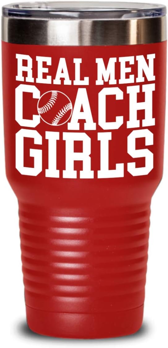 Funny Softball Insulated Tumbler Real Men Coach Girls Gifts for Softball Sports Coaches Players Fans Novelty Coffee Mug Tea Cup Gift Idea for Him