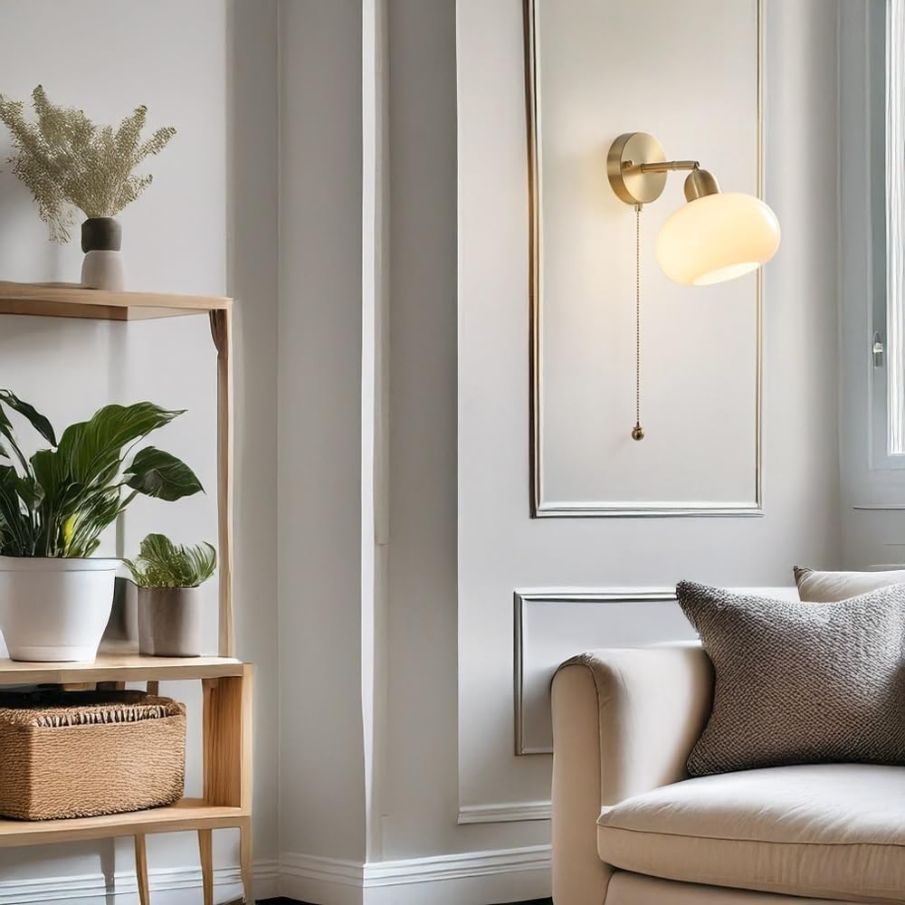 Lampada da Parete Moderna in Ottone con Globo in Vetro opalino e Interruttore a Catenella, Attacco E27, Elegante Lampada da Lettura d'ambiente T-155 (16 cm/6,30 Pollici)