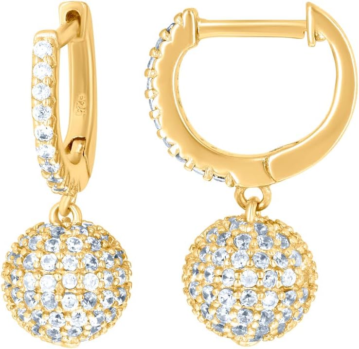 925 Sterling Silver Yellow-tone Unisex Cubic Zirconia Ball Endless Dangle Hoop Earrings 19.8x7.1mm Wide Ball Earring for Women