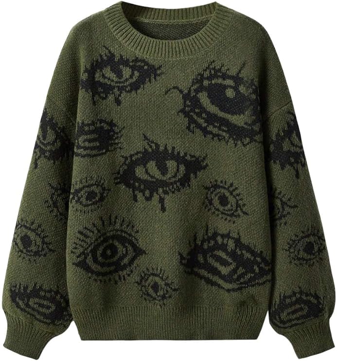 Übergroßer Pullover mit Rundhalsausschnitt, langärmelig, modisch, Gothic, Grunge, Punk, Halloween-Muster, Winterpullover, Tops, Militärgrün, Groß