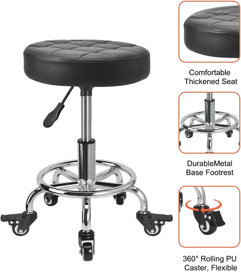 FLOLXNB Rolling Stool Low Roller Seat PU Leather, Rolling Chair Height Adjustable, Garage Stool with Wheels for Manicure Mechanic Home Office Garage Shop (Style 2)