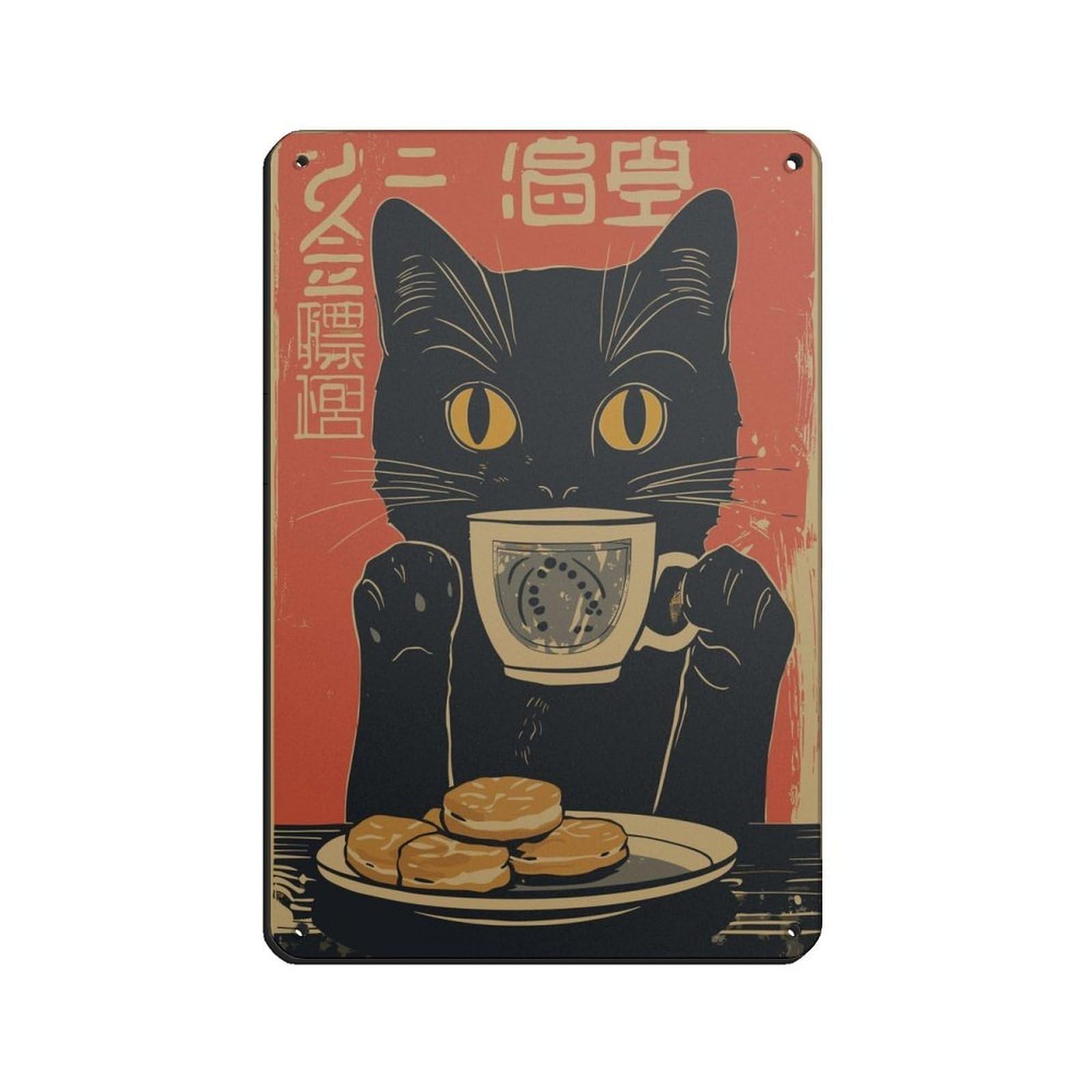 Cute Cat Drinking Tea Art Poster Retro Poster Metal Tin Sign Chic Art Retro Iron Painting Bar People Cave Cafe Family Garage Poster Wall Decoration 8x12inch(20x30cm)