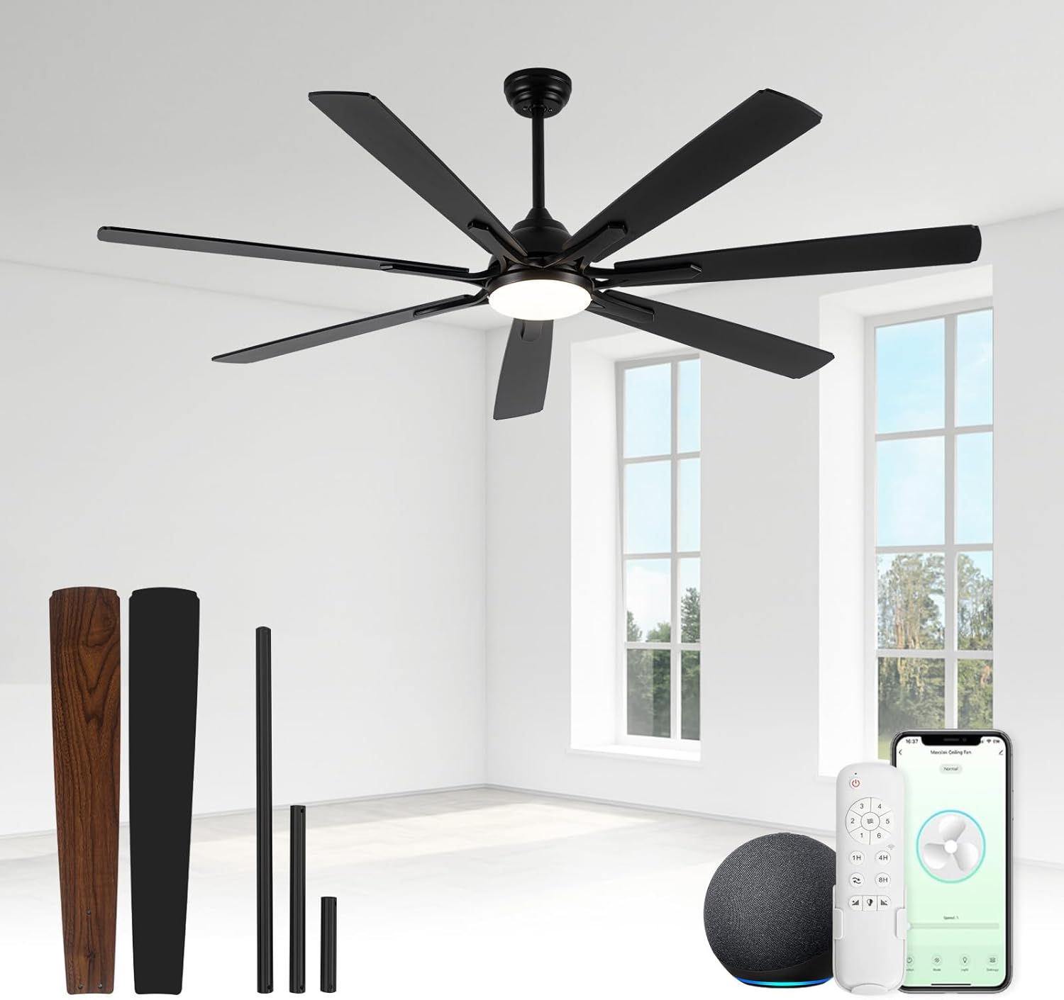 72Inch Smart Ceiling Fan with Alexa APP,Large Black Ceiling Fan with Light,6 Speed,3CCT,Dual Finish 7 Blades,Quiet DC Motor Outdoor Fan for Patio,Big Living Room