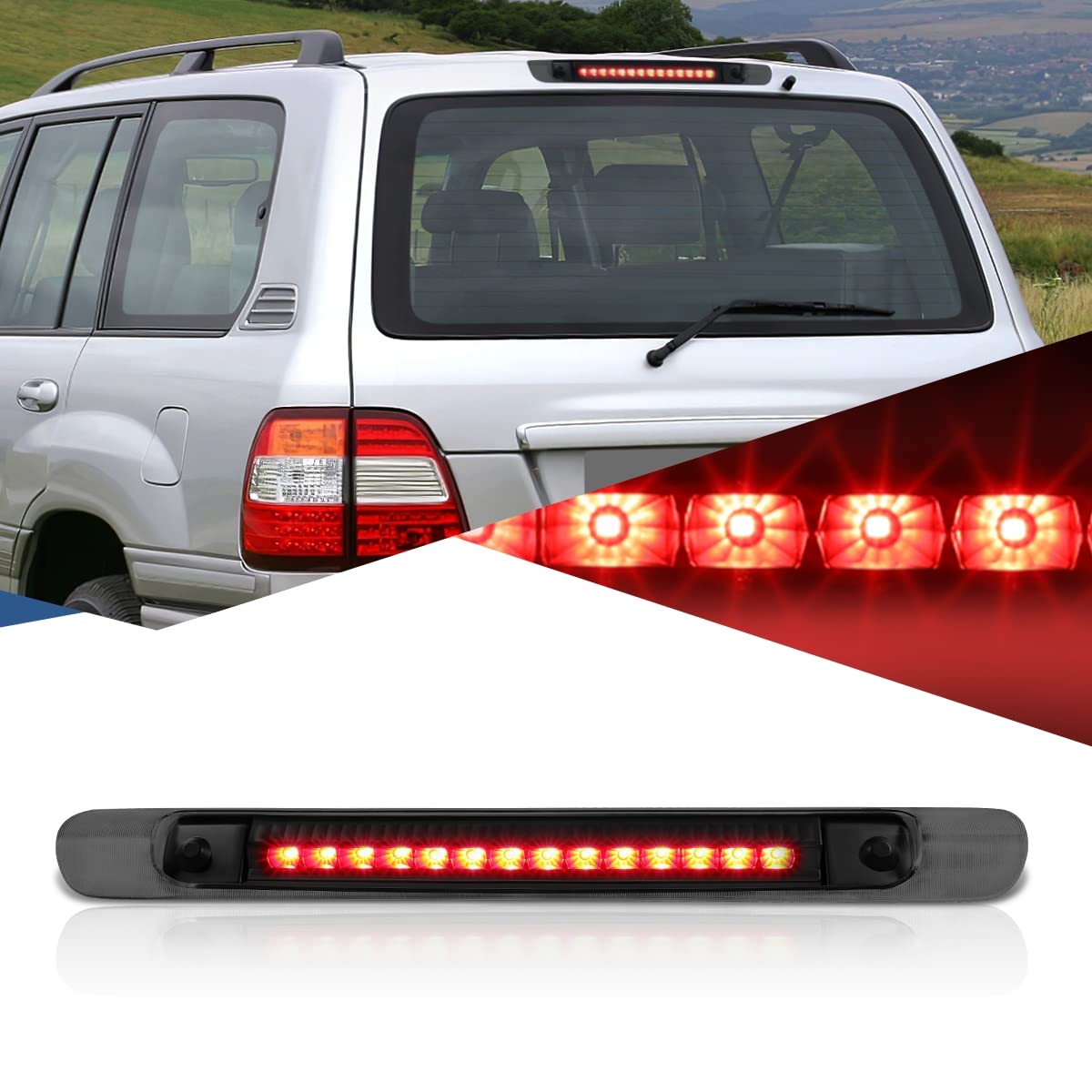 Auto Dynasty Full LED Rear Center High Mount Stop Lamp Third Brake Light Compatible with Toyota Land Cruiser 98-07 without Spoiler, Black Housing Smoke Lens