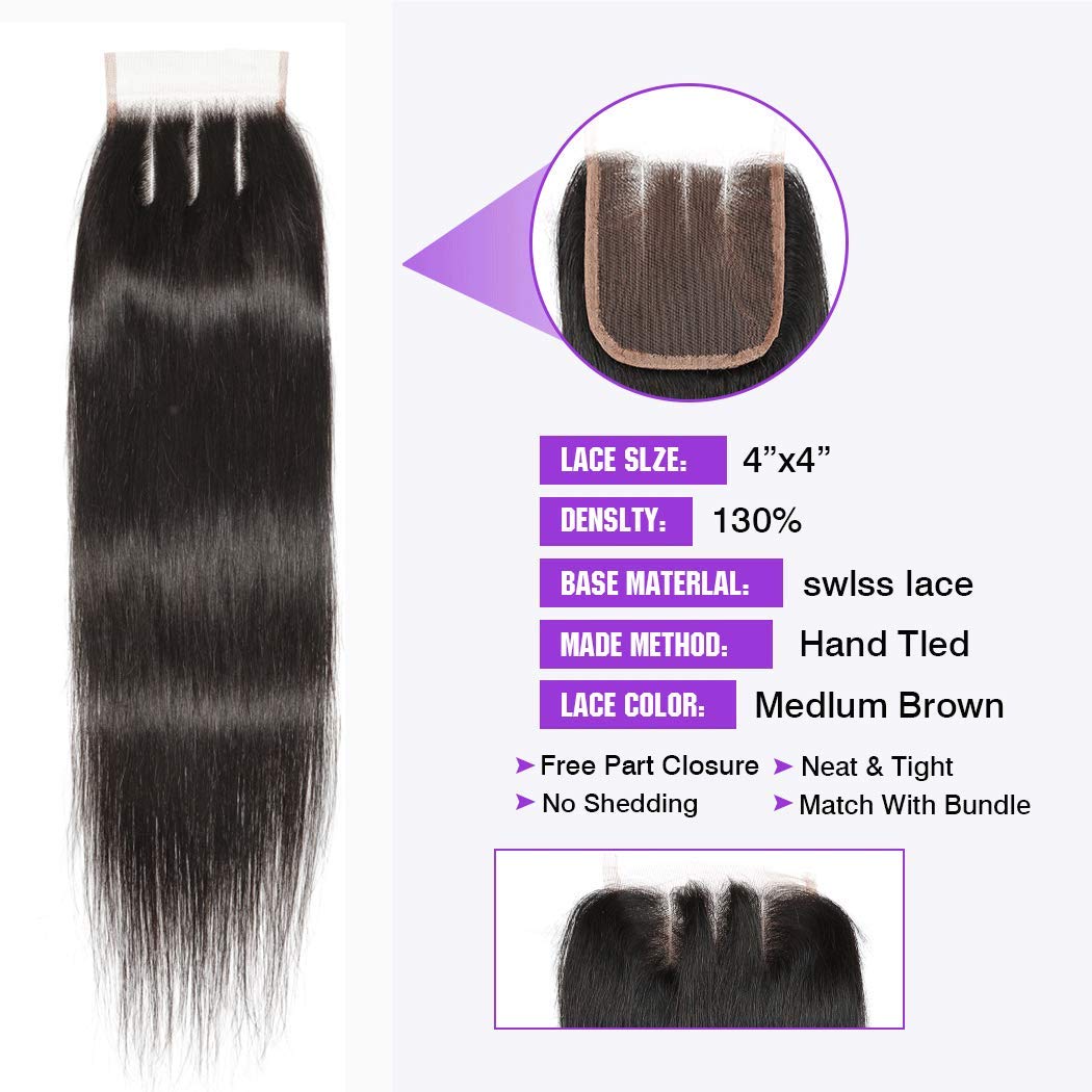 Straight Hair Bundles with Closure (14 16 18 20 +14)100% Unprocessed Malaysian Virgin Straight Hair 4 Bundles with 3 Part Lace Closure Human Hair Extensions 1B Color