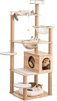 Cat Tower, Wooden, Stationary, Reinforcement of Hideaway, Large Cats, Stylish, Multi-Headed Lookout, Slim, Cat Tower, Wood Grain, Spaceship, Large Cats, Senior, Medium Size, Nail Sharpening,