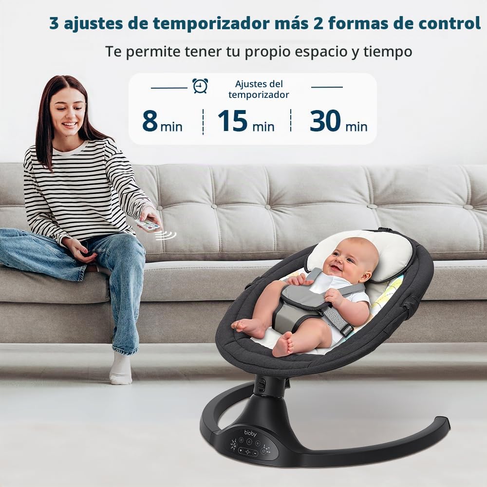 Bioby Hamaca Bebe Electrica, Mecedora Bebe con Arnés de 5 Puntos, 5 Amplitudes de Balanceo, con Bluetooth, Mando a Distancia, Columpio Bebe Balancin Ligero para Bebés de 2 a 9 kg, 0-10 Meses (Negro)