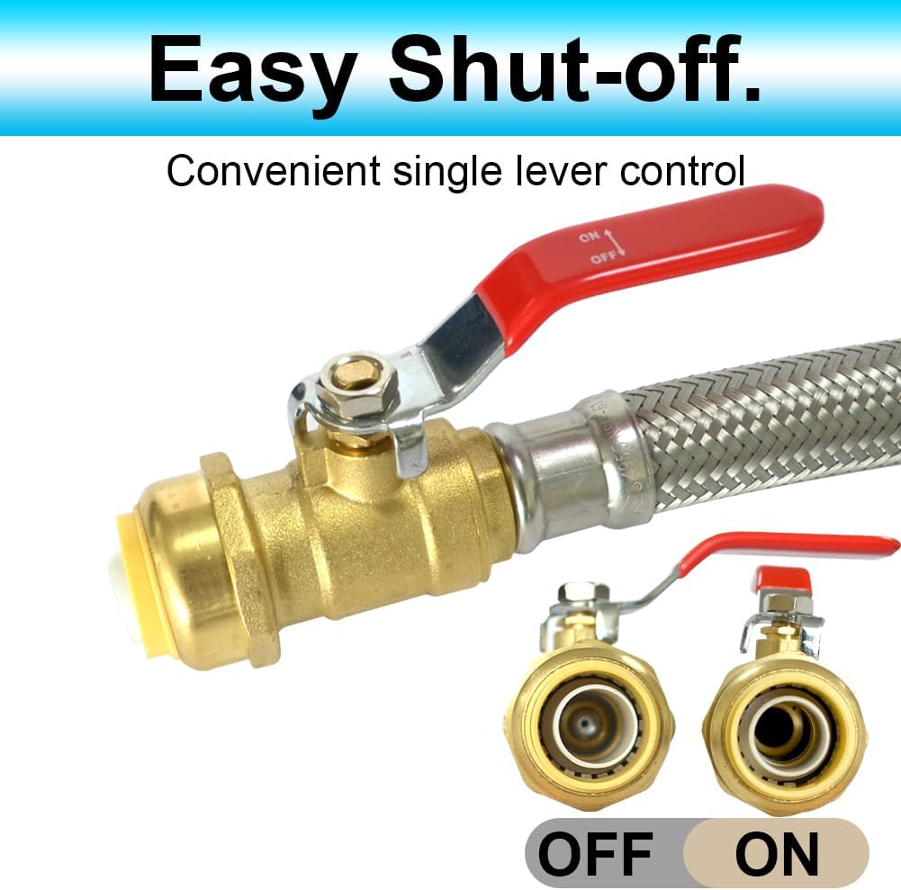 TTFLEX 24 inch Water Heater Connector Hose 3/4" Shut Off Ball Valve x 3/4" FIP, Water Heater Supply Line, Stainless Steel Braided Flex Line, Push to Connect Copper, PEX, PE-RT, CPVC Pipes